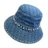 Denim Blue Wild Pearl Bucket Hat Lady Sun mit Perlen Fischer für Damen KOL Sale Hüte mit breiter Krempe