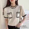 Summer Korean Knitted Pullover Sweater Women Short Sleeve O-neck Pockets Tops Elegant Ladies Jumpers Femme 210519