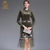 Hoge kwaliteit EST Designer Runway Jurk Dames Gouden Fluwelen Borduurwerk Vogel Gaas Patchwork Jurken Vestidos 210520