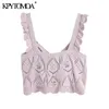 Women Fashion Floral Embroidery Cropped Knitted Tank Tops Wide Straps With Ruffles Female Camis Mujer 210420