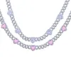 Iced Out Bling Cubic Zirconia 11mm Miami Cuban Link Chain Hearts Necklace Pink Heart CZ Charm Choker Jewelry Hiphop For Women 220218