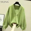 Tigena特大カーディガン女性春カジュアルソリッドVネック長袖セーター女性ニットジャケットコートグリーンピンク211011