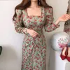 Vintage Puff Sleeve Print Sommer Kleider Frauen Quadrat Kragen Elegante Lange Weibliche Koreanische Floral Robe Femme 13882 210427