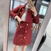 Autumn Winter Women Gold Double-breasted Tweed Short Jacket Coat + Bodycon Skirt Tassels 2PCS Clothing Set Red Plaid Suit 210416