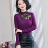 Spring Winter Clothes Women Fashion Long Sleeve Warm Solid Hollow Sexy Mesh Women Blouses Lace Turtleneck Ladies Tops 7822 210527