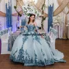 Mavi Sequins Sparkly Quinceanera Elbise Balo ile Ayrılabilir Tren 2022 Prenses Tatlı 16 Balo Parti Giyim