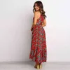 Sexy Boho femmes été licou longue robe imprimé fleuri sans manches robe d'été tunique plage fête soleil Maxi femme 210421