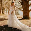 Plus Size Lace Country Wedding Dresses 2021 New Court Train Beaded V-Neck 3/4 Long Seeve A-Line Bridal Gowns Vestido De Novia W202