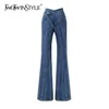 Twotwinstyle listrado jeans flare jeans para mulheres cintura alta casual calças irregulares feminino moda roupas outono 210708