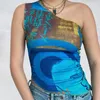 Sommer frauen Tanks Camis Harajuku 90er Jahre Vintage Gedruckt Crop Tops Eine Schulter Korsett Tank Frauen Ästhetischen Chinesischen Stil weste