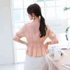 Rose doux à manches courtes haut mince femmes Blusas été col en v volants taille élastique en mousseline de soie Blouse femme 9708 210508