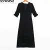 Sexy noir col en V profond boutons longues robes élégantes en mousseline de soie demi manches volants robe femmes vacances vestidos 210520