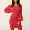 Casual Dresses Sexy Off Shoulder Knitted Mini Dress Women Lantern Sleeve Office Slash Neck Solid Winter Bodycon Sweater Vestidos