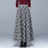 Yellow Vintage Plaid Long Skirt Women Korean Gray Elastic High Waist Pocket Woolen Skirts Ladies Office Work Casual Streetwear 210421