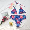 Kvinnors badkläder höga midja vadderade baddräkter kvinnor sexiga sommar två bitar bikini set halter bh topp kort floral beachwear baddräkt