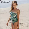 Colysmo Costume da bagno monospalla Donna Cintura a righe Stampa foglia Monokini brasiliano Bikini sexy con taglio alto 210527