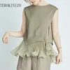 Terokinizo väst kvinnor mode ruffles två bit o-nacke ärm tank topp sommar casual smal passform stickade toppar japan stil 210819