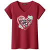 새로운 패션 여름 티셔츠 여성 의류 다채로운 꽃 심장 인쇄 여성 티셔츠 레이디 짧은 소매 하라주쿠 티셔츠 210330