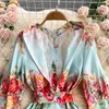 Deat Women Blue Printing Belt Dress Stand Neck Lantern Sleeve Ankomster Lady Temperament Fashion Spring Höst 11d2054 210709