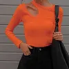 Beyouare Hollow Out Women Long Sleeve T Shirt Sexy Round Neck Skinny Tops Ribbing Solid Elegant Basic Tees Casual Autumn 220307