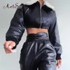 Artsu manga comprida zip up pele sólida ruched pu jaqueta de couro outono inverno mulheres moda streetwear roupas casuais 42399 211025