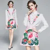 Lente zomer zoete patchwork bloem print blouse shirt + floral flamingo roze mini rok pakken damesbaan twee 2 stukset 210416