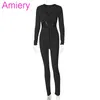 Autumn Solid Color Tight Jumpsuits Fashion Sexy Lace Up Hollow Out Long Sleeve Bodysuits For Women A001