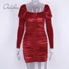 Primavera otoño mujeres terciopelo manga larga vintage rojo mini vestido de fiesta 210415