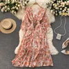 Casual Dresses SINGREINY Women Bohemian Floral Dress Design Irregular Long Sleeve V Neck A-line Summer Korean Chiffon Print Beach