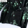 Mujeres Vintage Hojas Verdes Impresión Negro Satén Smock Blusa Femenina Fajas Lado Split Camisa Chic Kimono Blusas Tops LS7661 210420