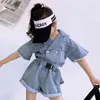 Chegada de Primavera Meninas Moda Denim Sets Kids Top + Curto Design Coreano Terno roupas 210528