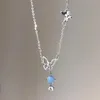قلادة القلائد الكورية سحر المرأة OL نمط الفضة مطلي الأزرق كريستال فراشة قلادة لمجوهرات الزفاف الزركون بسيطة