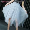 Aelegantmis Tulle Mesh Skirts Womens Elastic High Waist Vintage Pleated Midi Skirt Female Casual Summer Sweet Black Grey 210607