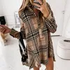 Casual Dresses Women Elegant Plaid Print Buttons Irregular Party Dress Office Lady Turn-Down Collar Shirt Loose Mini Vestido