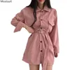 Autumn Women Corduroy Shirt Dress Loose Korean Kimono Long Sleeve Turn Down Collar Buttons Up Pockets Sashes Mini Dresses 210513