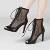 Sandaler PU Patchwork Mesh Peep Toe Super High Heels Women Summer Casual Party Shoes Sandales Femmes 2021 Sandalias Mujer