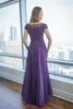 Purple Beaded Mother Of The Bride Dresses Sheer Bateau Neck Short Sleeves Appliqued Evening Gowns Floor Length Plus Size Wedding Guest Dress