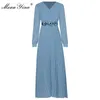 Fashion dress Spring Women Dress V-neck Split Long sleeve Beaded Belt Pleated Dresses 210524