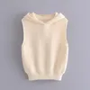 Beige Hooded Knitted Sweater Vest Women Vintage Preppy Rib Sleeveless Woman Winter Casual Pullover 210519