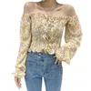 2020 Piccola stampa floreale fresca Slash Neck Top e camicetta Dolce pieghettato Manica a sbuffo Camicia in chiffon a maniche lunghe Abiti coreani Donna X0521