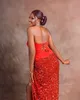 2022 Plus Storlek Arabisk Aso Ebi Röd Snygg Sheath Prom Klänningar Lace Beaded Sparkly Evening Formell Party Andra Receptionen Födelsedag Brudtärna Klänningar Klänning ZJ305