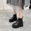 Laarzen groothandel herfst enkel voor vrouwen motorfiets dikke hakken casual vetersluiting ronde teen platform schoenen vrouwelijke