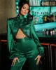 2 Parça Avcı Yeşil Abiye Boncuk Yüksek Boyun Uzun Kollu Kadın Balo Elbise Kat Uzunluk Zarif Robe de Soriee