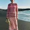 Women Summer Vintage Dress ZA Long Sleeve O-Neck Geometric Print Female Elegant Fashion Street Straight Dresses Clothing 210513