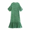 Za rétro imprimé fleuri longue robe verte femmes manches courtes bouffantes O cou ruché robes de soirée femme à volants ourlet Sumemr robe 210602