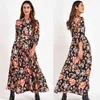 Frauen Herbst Vintage Floral Print Maxi Kleid Frauen Boho Sieben Punkte Ärmel Langes Kleid Drehen Unten Kragen Casual Chiffon Kleider 210331