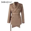 Casual Solid Blazer For Women Notched Long Sleeve Double Breasted Lace Up Plus Size Blazers Female Fashion 210524