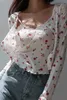 Womengaga girl girl laço floral v-pescoço camisole tops tanque + flor impressão tira longa manga cardigan top blouse l1v 210603
