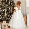 Robes De Fille 2022 Belles Filles De Fleur Pour Les Mariages Princesse Jewel Manches Longues En Dentelle Appliques Grand Arc Balayage Train Petits Enfants Saint