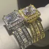 Unique Luxury Jewelry 925 Sterling Silver&Gold Fill Princess Cut Big 5A CZ Party Promise Women Wedding Band Ring Gift